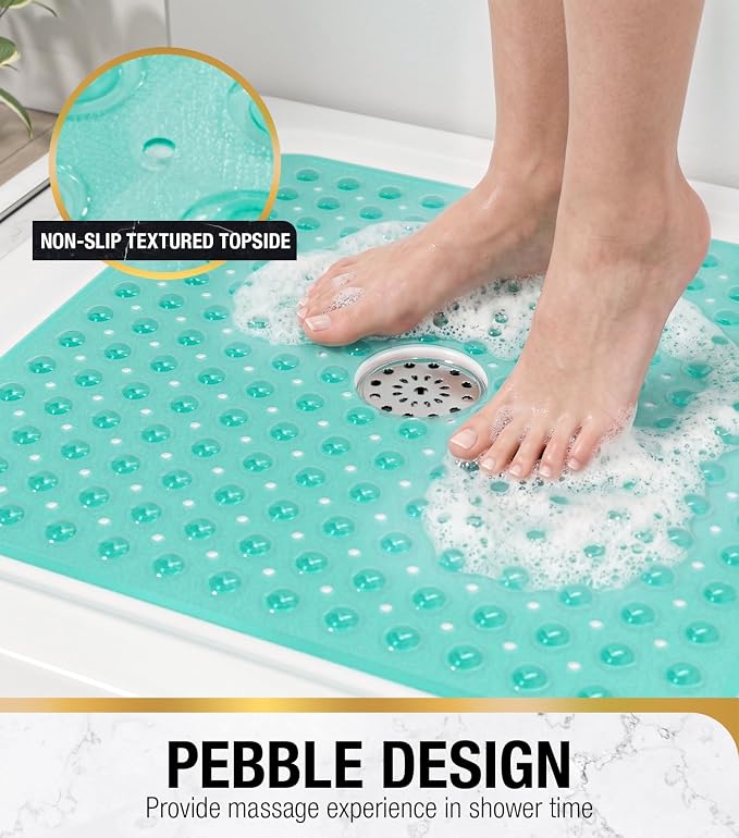 HITSLAM Shower Bathtub Mat Non Slip, 24"x 24" Bath Mat for Tub, Soft PVC Shower Mats for Inside Shower with Suction Cups and Center Drain Hole, Machine Washable Bathroom Floor Mat, Green