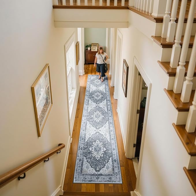 RELEANY Area Rugs Runner 2'x10' Washable Non-Slip, Floral Vintage Distress Medallion Carpet for Kitchen Hallway Bedroom Beside Laundry Room Bathroom, Light Gray Grey White