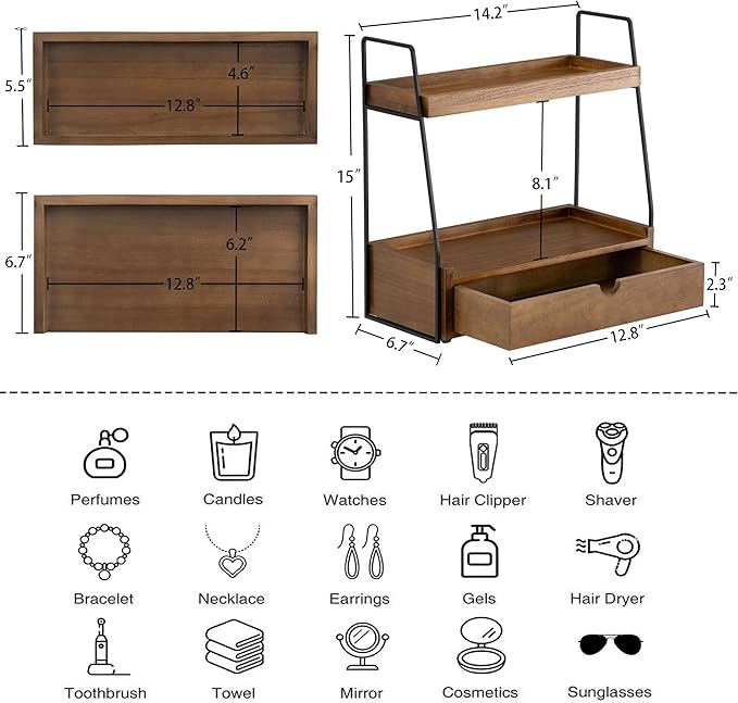 2-Tier Bathroom Organizer Countertop with Drawer, Wood Counter Organizer for Bathroom Decor, Sink Shelf for Vanity Storage, Makeup Tray for Perfume Skincare, Spice Rack Bedroom Kitchen Corner