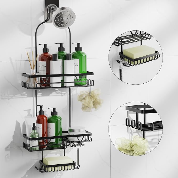 DAOYA Shower Caddy Hanging, Anti-Swing Over Head Shower Caddy, Rustproof Bathroom Organizer with Soap Holder & Hooks