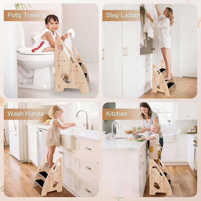 Toddler Step Stool, Wooden Height-Adjustable 3-Step Stool for Kids, Potty Training Stool with Handles and Non-Slip Pads for Bathroom Sink, Kitchen, Bedroom