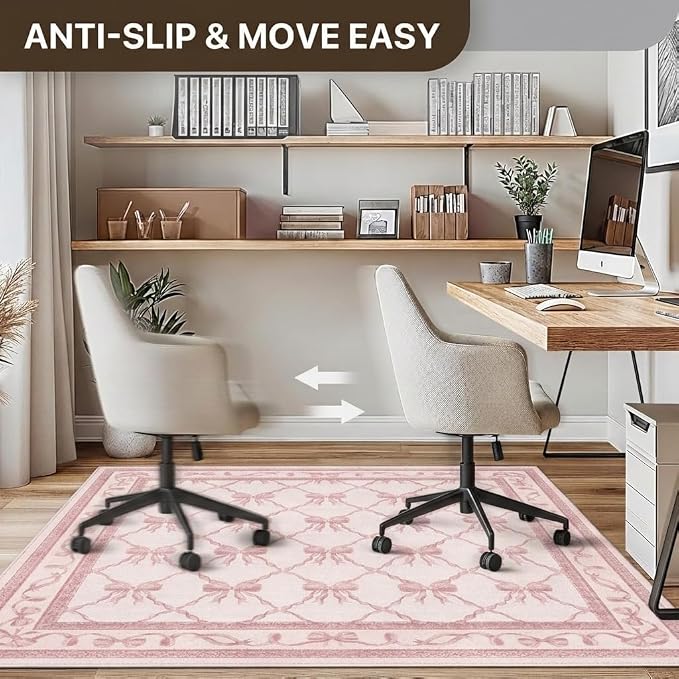 48"x72" Office Chair Mat for Hardwood Tile Floor, Under Desk Carpet Protector for Rolling Computer Chair Mat, Machine Washable Area Rug, Anti-Slip 1/5" Thick Low Pile Thin Vinyl Floor Mat, Baby Pink