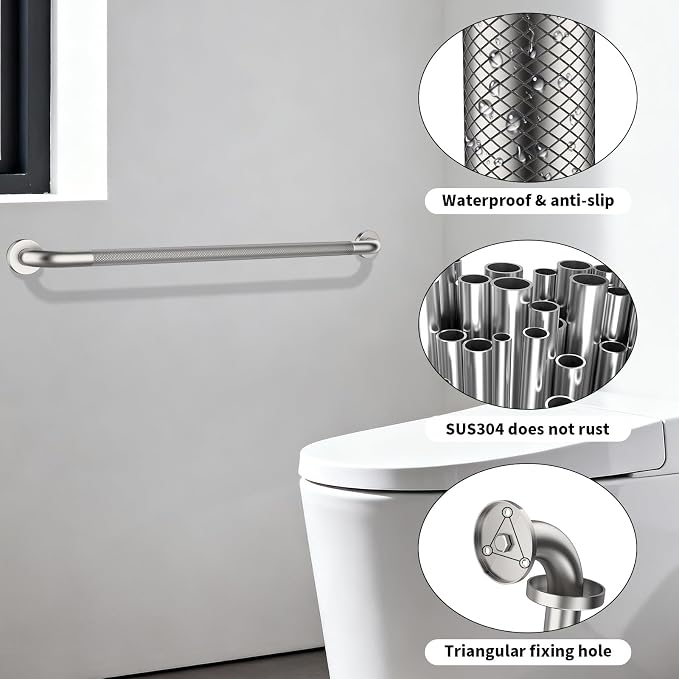 32 Inch Anti Slip Shower Grab Bar, ZUEXT Brushed Nickel Stainless Steel Bathroom Grab Bar, Knurled Bathroom Balance Bar, Safety Hand Rail Support, Handicap Elderly Injury Senior Assist Bath Handle