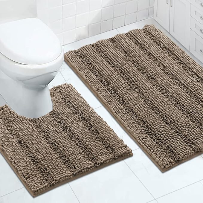 Turquoize Chenille Bathroom Rugs Set Non-Slip Bath Mats for Bathroom Super Absorbent Shaggy Rugs for Tub Shower Toilet Bath Rug Plus U Contour Rug(Oversized: 24" x 36" and 20" x 24" U), Taupe Brown