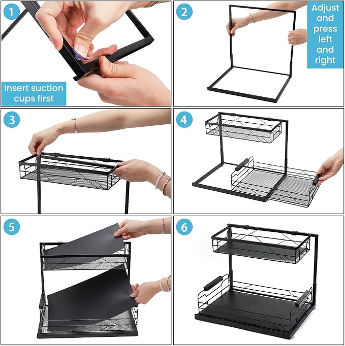 Pull Out Under Sink Organizer, 2 Tier Under Sink Storage with Suction Cups, PVC Mat, Sliding Drawer, Metal Cleaning Supplies Shelf Cabinet Organizer for Kitchen, Laundry, Pantry, Bathroom