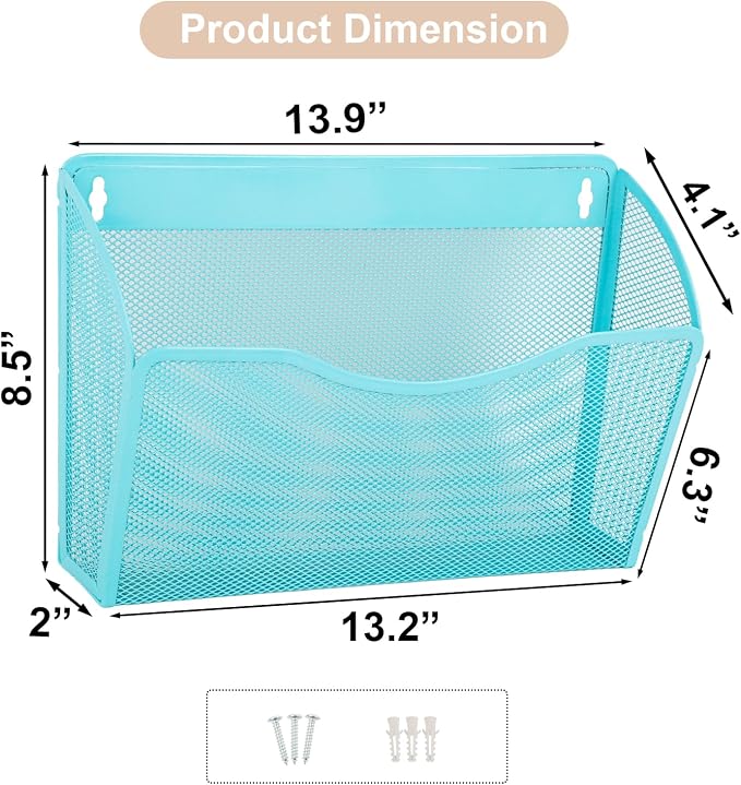 EASEPRES 3 Single Pocket Mesh Hanging File Organizer, Vertical Wall Mounted Magazine File Holder, Mount Basket Mail Paper Document Folder Organizing for Office, Home and School, Blue