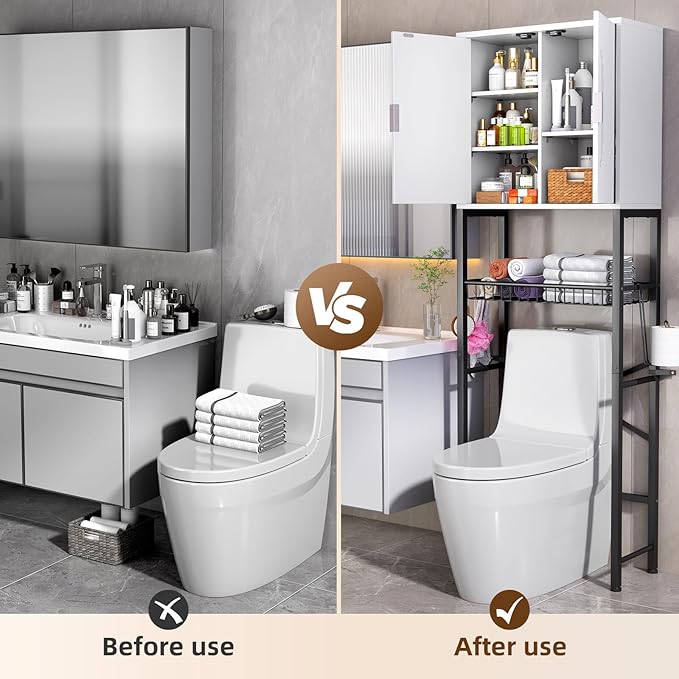 Kalrin Over The Toilet Storage Cabinet with Fluted Wave Doors and Adjustable Shelf, Wood Over Toilet Storage Rack with Drain Basket, Freestanding Bathroom Organizer for Balcony Laundry, White & Black