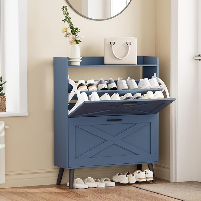 Homleke 32" W Farmhouse Shoe Storage Cabinet with 2 Flip Drawers and Barn Door Design, Adjustable Shelves, Modern Hidden Slim Narrow Shoe Rack Cabinet for Entryway, Foyer, Hallway, Living Room, Blue