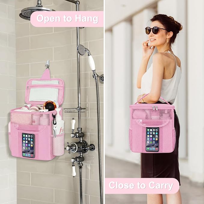 Attmu Shower Caddy Portable for Dorm Room Essentials, Hanging Shower Bag for College, Large Capacity Mesh Shower Caddy for Bath Essentials (Light Pink)