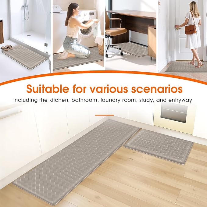 TranquilRelax Kitchen Mats, 2PCS Kitchen Rugs, Cushioned Anti Fatigue Kitchen Mats for Floor, Non-Slip Standing Desk Mat, Waterproof Kitchen Rug Set for Kitchen Floor Office,17.3"×30"+17.3"×59" Brown