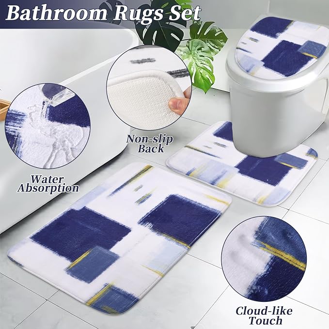XLHOMO Bathroom Set - Navy Blue and Gold Bathroom Accessories Set, Bathroom Sets with Shower Curtain and Rugs, Blue Shower Curtain Set with Bathroom Trash Can, Soap Dispenser,Soap Dish for Home Decor