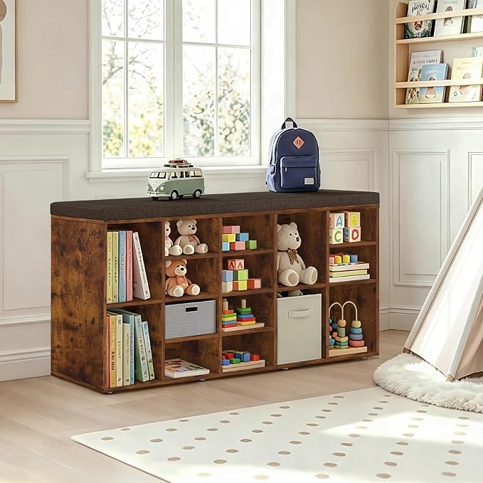 DINZI LVJ Shoe Storage Bench, 20-Cubby Shoe Rack Bench with Cushion, Fully Adjustable Shelves, Shoe Organizer for Closet, Entryway, Mudroom, Hallway and Garage, Rustic Brown