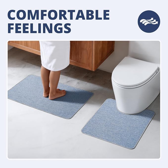 Bathroom Rugs Sets 2 Piece, Thin Bath Mat & U-Shaped Contour Toilet Rug Absorbent Quick Dry, Machine Washable, Non Slip Low Pile Bath Mats for Bathroom/Tub/Sink/Shower (27"x17" Plus 24"x20" U, Blue)