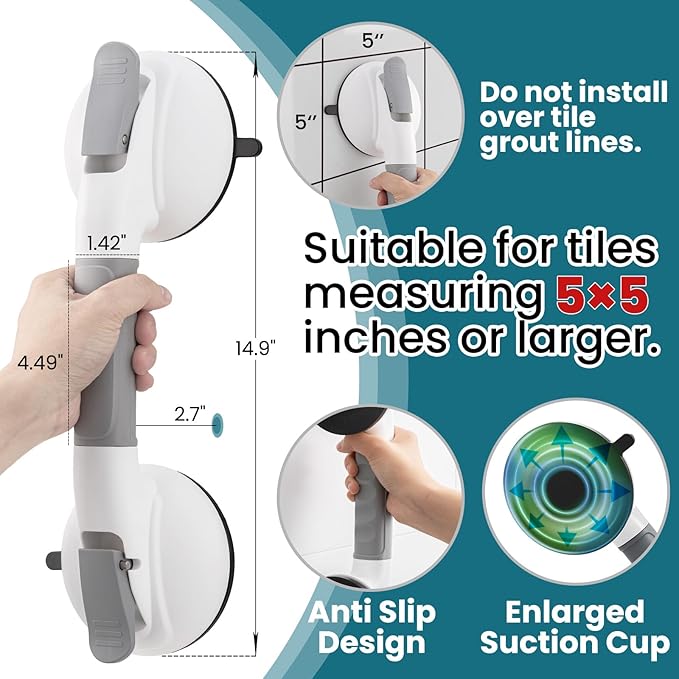 TAILI Grab Bars for Bathtubs and Showers,2 Pack Shower Handles for Elderly Suction,Maximum 330lbs,Shower Grab Bar with Upgraded Rubber Suction Cups,Safety Grip for Senior, No Drilling Removable,Grey