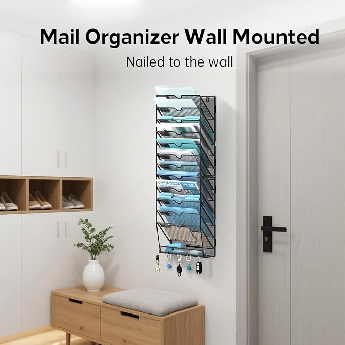 13 Tier Wall File Organizer - Hanging File Organizer with 5 Hooks, Mail Holder Wall Mounted for Papers, Folders, Magazines, Bills, Office&School Organization, Black