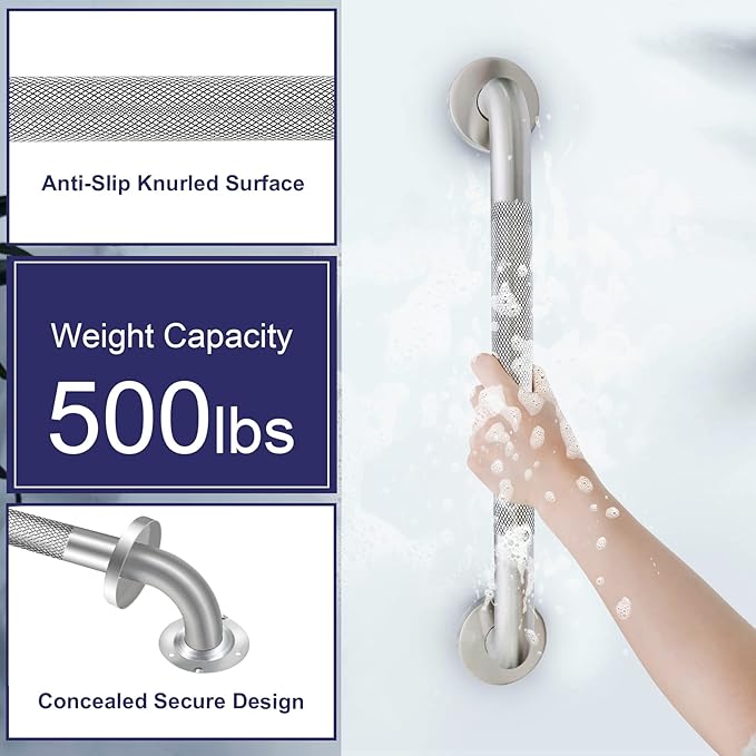 2 Pack 18 inch Shower Grab Bar with Knurled Anti-Slip Grip, ADA 500lbs Supporting, Grab Bar for Bathroom with Concealed Screws, Stainless Steel Chrome Polished Handicap Grab Bar for Gifts