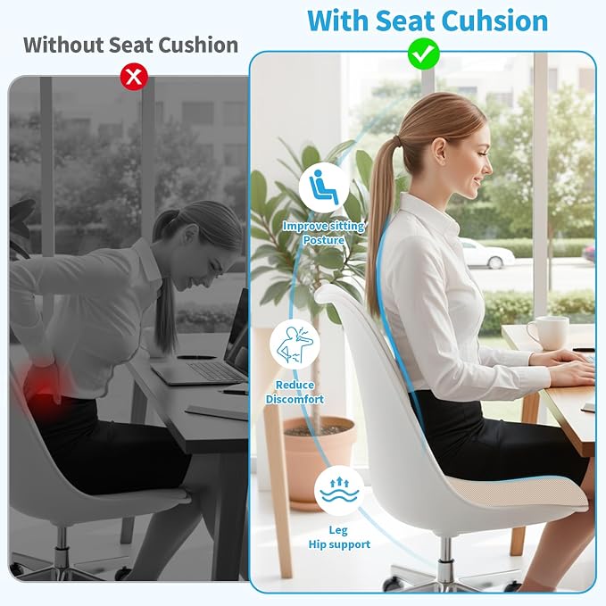 TranquilRelax XLarge Seat Cushion, Memory Foam Cushion for Long Sitting Hours on Office Chair, Home & Car, Non-Slip Chair Pad for Relieving Back & Sciatica & Hip & Coccyx Pain (Khaki)