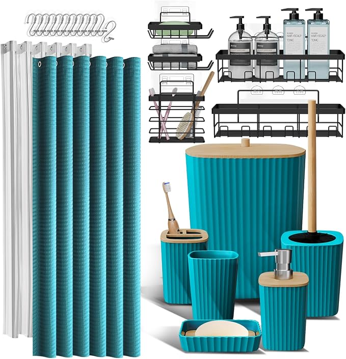 Clara Clark Bathroom Accessories Set - Bathroom Set with Adhesive Corner Shower Caddy Hanging, 25PC Bathroom Accessory Set, Teal Shower Curtain Set, Toilet Brush, Trash Can & Soap Dispenser