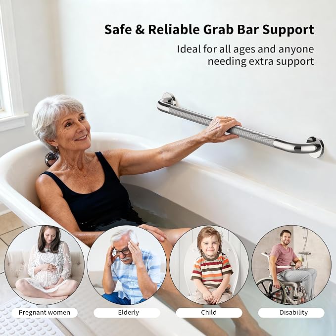 Polished Chrome Grab Bar 32 Inch, iHansee Anti-Slip Bathroom Grab Bar w/Knurled Grip, Stainless Steel Safety Handrail for Toilet Bathtub, Wall Mounted Shower Handle Handicap Bars for Senior Elderly