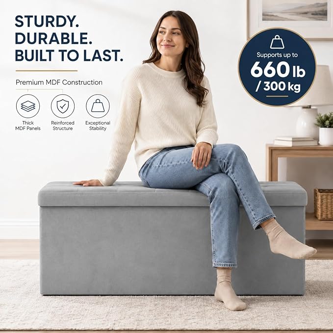 ALASDO 43 Inch Folding Storage Ottoman Bench with Hidden Storage, Velvet Storage Ottoman Foot Rest Stool, End of Bed Bench for Bedroom, Living Room, Entryway and Closet, Dark Gray