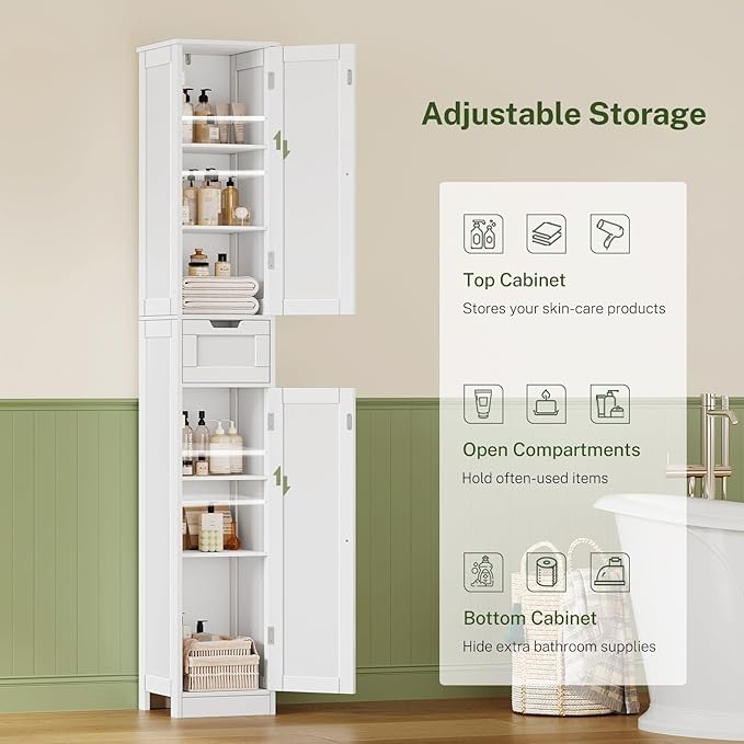 TEENFON 67 Tall Bathroom Cabinet with 6 Shelves & 1 Drawer, Narrow Storage Cabinet with Adjustable Shelves, Silm Cabinet for Living Room, Kitchen, White