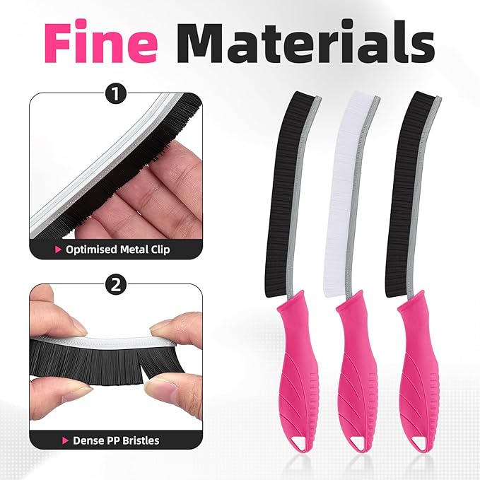 FOOGWEE Hard Bristle Crevice Cleaning Brush - Cleaning Supplies - Grout Cleaning Brushes for Household Use - Crevice Cleaning Tool for Bathroom, Home and Kitchen (3, Rose)