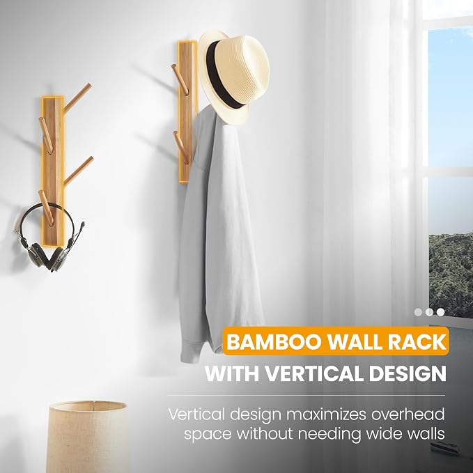 TIOPGHAD 2 Pack Small Vertical Coat Rack Wall Mount, Bamboo Coats Hooks Clothes Holder Hanger for Wall Coat Hat Jacket Clothing Bathroom Robes Entryway(Natural)