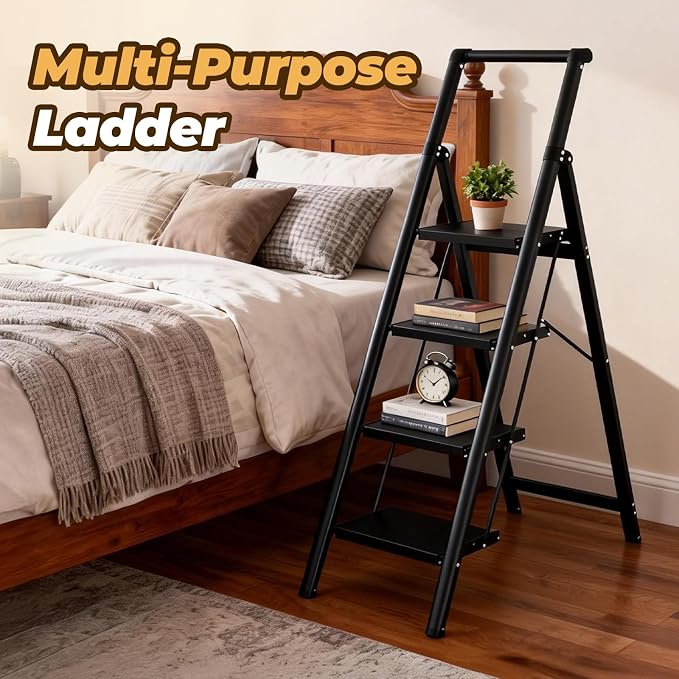 HBTower 4 Step Ladder with Handrail, Aluminum Folding Step Stool,330lbs Capacity Portable Step Ladder，Non-Slip Safety Ladder for Household,Kitchen,Office - Black