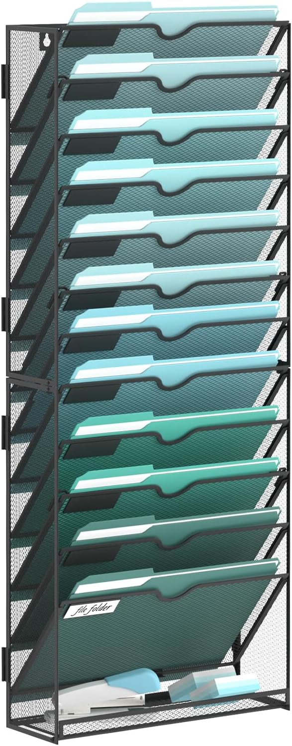 SUPEASY 13-Tier Wall File Organizer, Hanging Wall Files for Papers, Folders, Magazines, Clipboard, Wall Organizer for Office Home School Classroom, Black