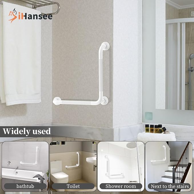 Angled Grab Bar - 16x16 Inch Stainless Steel Knurled Toilet Handles Wall Mounted Bathroom Handicap Safety Rails for Elderly Injured Balance Support, L-Shaped White Grab Bar for Shower