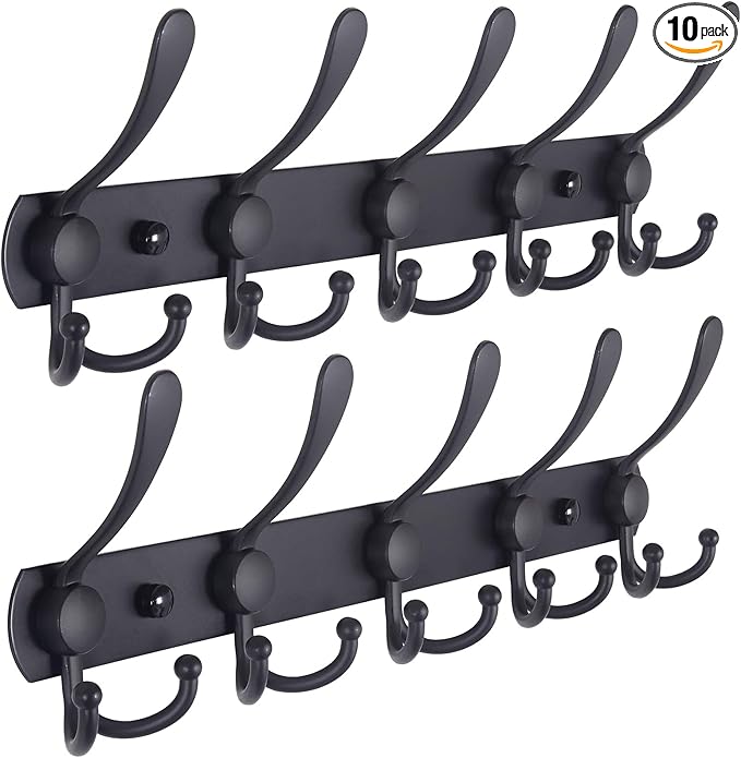 Dseap Coat Rack Wall Mounted - 5 Tri Hooks, Heavy Duty, Stainless Steel, Metal Coat Hook Rail for Coat Hat Towel Purse Robes Mudroom Bathroom Entryway (Black, 2 Packs)