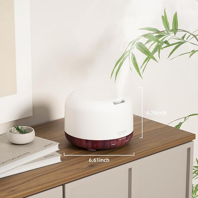 ASAKUKI Essential Oil Diffuser for Home, 500ML Aromatherapy Diffuser Humidifier with Remote Control, 7 Color LED Lights, Quiet Cool Mist Diffuser for Bedroom, Living Room, Office (Reddish-Brown)