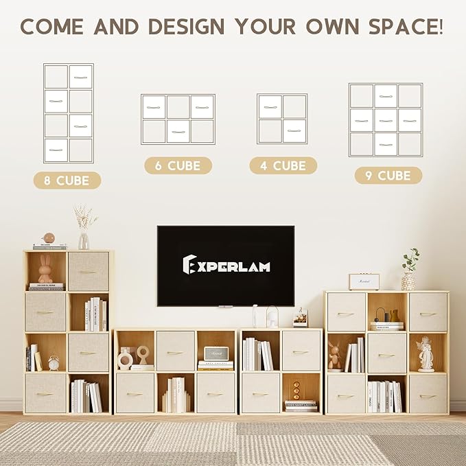 EXPERLAM 4 Cube Storage Organizer - Solid Wood Bookshelf with 2 Storage Bins, Cube Shelf with 2 Removable Back Panels, Vertical or Horizontal Bookcase, Open Book Shelf for Bedroom, Living Room, Office