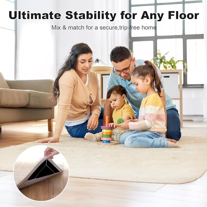 18PCS Rug Grippers, Ready Stability for Robot Vacuum, Non-Slip Double-Sided Rug Tape Keep Area Rugs, Adhesive Rug Pads for Hardwood Floors and Tiles, Keep Corners Flat (Black)