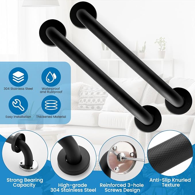 Grab Bars for Shower, Zynuhmo 2 Pack 12 Inch Anti Slip Stainless Steel Bathroom Safety Shower Grab Bar Handrails for Handicap Injury Pregnant Senior Assist Shower Handles(Matte Black, 1" Diameter)