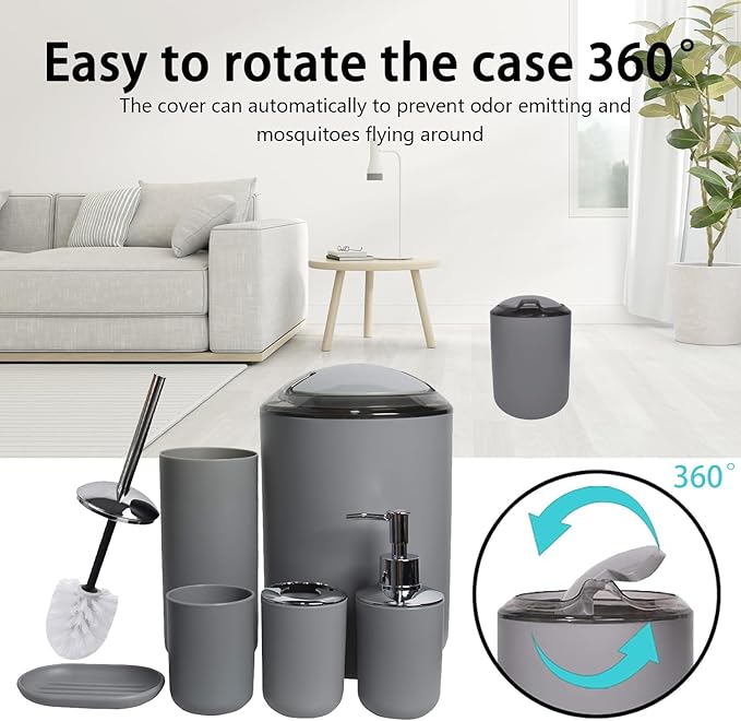 CERBIOR Bathroom Accessories Set 6 Piece Bath Ensemble Includes Soap Dispenser, Toothbrush Holder, Toothbrush Cup, Soap Dish for Decorative Countertop and Housewarming Gift (Light grey-6pcs)