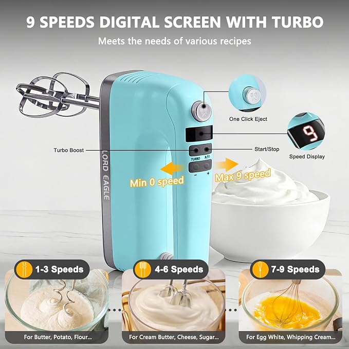 Lord Eagle 9-Speed Digital Hand Mixer Electric Handheld, 500W DC Motor Kitchen Mixer for Cake Baking, Lightweight Egg Beaters with Stain-resistant & Waterproof Storage Bag & 6 Accessories, Blue