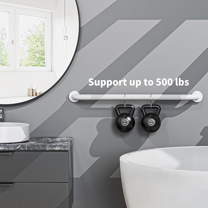 White Grab Bar 32 Inch, iHansee Anti-Slip Bathroom Grab Bar w/Knurled Grip, Stainless Steel Safety Handrail for Toilet Bathtub Shower, Wall Mounted Handicap Bars Handle for Senior Elderly