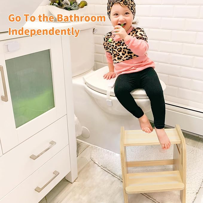 WOOD CITY Toddler Step Stool, Wooden 2 Step Stools for Bathroom Sink Potty Training Kitchen Dual Height Stool Helper for Kids Bonus Non-Slip Pads and Handles for Safety (2 Pack Natural)