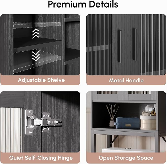 USHOWER Over The Toilet Storage Cabinet, Bathroom Organizers and Storage with Tempered Glass Doors, Thicken Metal Stand & MDF Wood Above Toilet Storage Cabinet, Freestanding Space Saver, Black