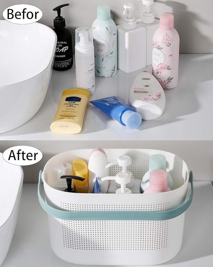 UUJOLY Plastic Storage Baskets with Handles, Shower Caddy Shelf Organizers Basket for Bathroom, Kitchen, Dorm Room, Green, 2 Pack