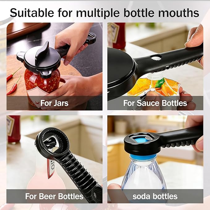 Adjustable Jar Opener for Weak Hands, 4-in-1 Multi-Function Manual Bottle Opener and Corkscrew Set for Seniors with Arthritis, Universal Lid Gripper Kitchen Gadget for All Jar Sizes (Black)
