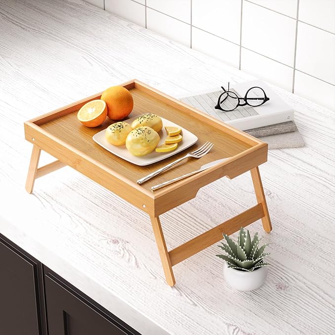 Fibogollo 4 Pack Bamboo Bed Tray Table with Folding Legs,Breakfast Trays,Serving Tray for Food and Snack,Laptop Trays for Working(Natural)