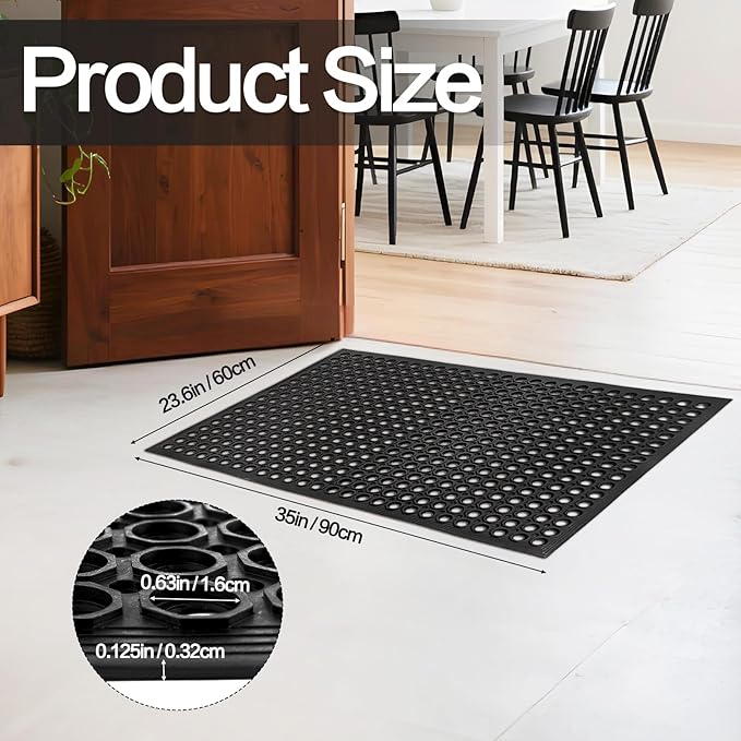 Nexboraque 2 Pack Anti Fatigue Rubber Floor Mats 24 x 36 Inch Non-Slip Restaurant Door Mat Drainage Mat for Indoor Outdoor Wet Area Pool Entry Garden - Black
