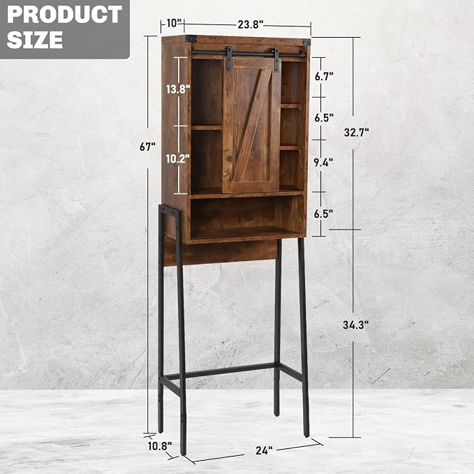 Over The Toilet Storage Cabinet, Behind Toilet Bathroom Organizer with Adjustable Shelves, Above Toilet Organizers with Barn Door, Space Saver for Restroom, Bathroom, Laundry, Brown