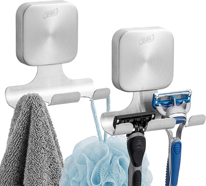 TAILI Powerful Suction Cup Razor Holder 2 Pack, Stylish 304 Stainless Steel Bathroom Suction Hooks for Towel, Loofah, Bathrobe, Shaver Holder for Shower Wall, Easy to Install and Reuse, Silver