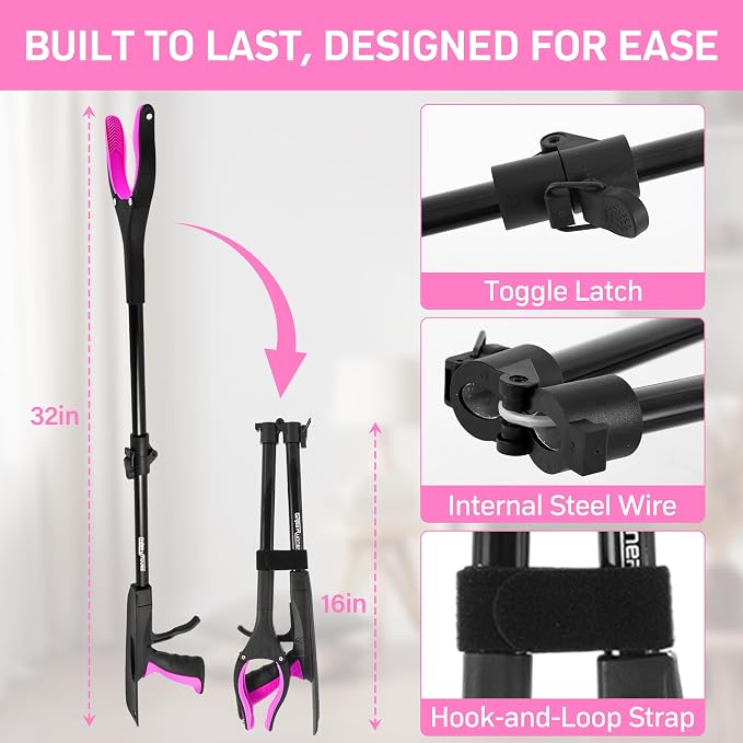 32 inch GrabRunner Folding Reacher Grabber Tool with Shoehorn,360° Rotating Head Grabber Tool with Strong Magnetic,Grabbers for Seniors (Pink)