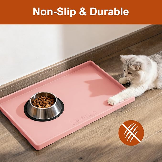 ukeetap Extra Thick Silicone Mat Waterproof with Raised Edge 19” x 12”, BPA Free Non-Slip Dog & Cat Food Mat, Feeding Mat for Food and Water Bowls, Spill Proof Mat to Protect Floors, Pink