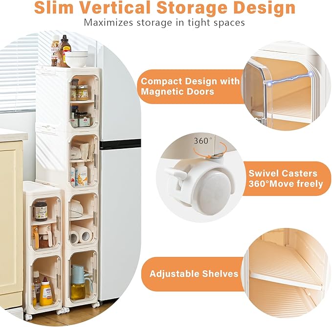 2-Tier Slim Bathroom Storage Cabinet, Narrow Storage Cabinet with Wheels, Adjustable Shelves, Magnetic Doors, Water-Proof, Anti-Tip Skinny Organizer Cabinet for Small Space, Cream White
