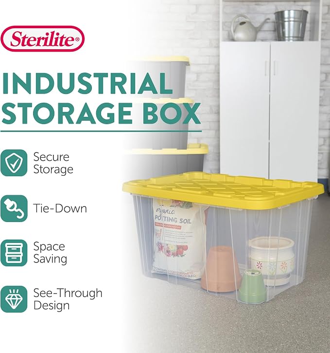 Sterilite 4-Tier Tote Rack & 4-Pack 27 Gallon Storage Box, Shelf and Tote Organizers - Plastic Shelving Unit and Container Bins for Bathroom, Garage, Pantry, Bookshelf, and Bedroom Organization